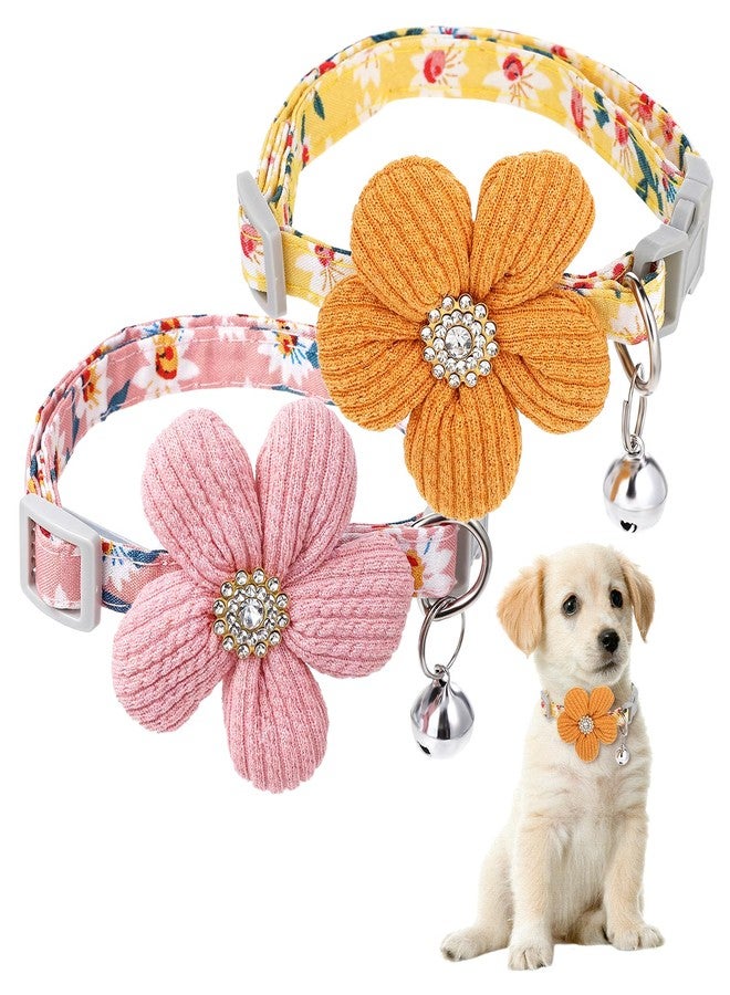Hpmjz 2Pcs Small Dog Collar with Flower Puppy Collar for Girl Dog Collars for Small Dogs Cute Unique Collars with Bell Distinctive Patterns Adjustable Length (Pink Yellow) - Image 1